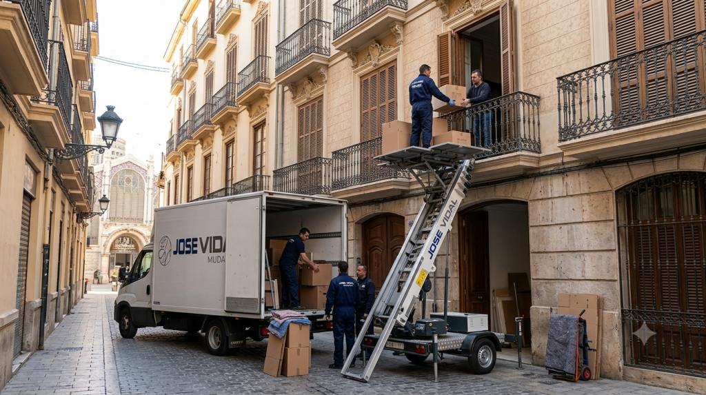 Vehículo compacto y plataforma elevadora de Mudanzas José Vidal realizando un traslado en una calle peatonal del Casco Histórico en Valencia centro.
